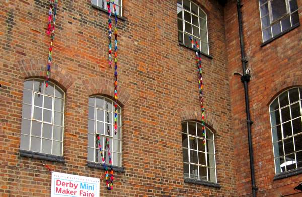 Woolen chains yarn bombing Derby Silk Mill.